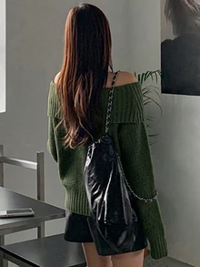 DAZY Women's Solid Color Off-Shoulder Long Sleeve Loose Fashion Sweater - Green - View 2
