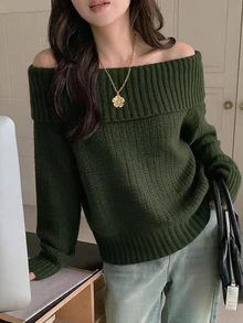 DAZY Women's Solid Color Off-Shoulder Long Sleeve Loose Fashion Sweater - Green - View 3
