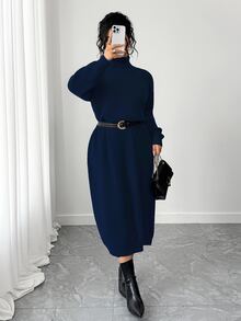 SHEIN Tall CURVE 大尺碼女款秋冬純色休閒百搭寬鬆修身高領拉鍊袖針織長洋裝，慵懶休閒風，可作內搭或外穿，適合通勤、日常穿著、外出、約會等多種場合 - 藏蓝色 - 查看 1