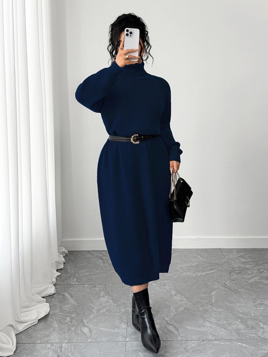 SHEIN Tall CURVE 大尺碼女款秋冬純色休閒百搭寬鬆修身高領拉鍊袖針織長洋裝,慵懶休閒風,可作內搭或外穿,適合通勤、日常穿著、外出、約會等多種場合 - 藏蓝色 - 查看 1