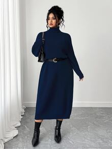 SHEIN Tall CURVE 大尺碼女款秋冬純色休閒百搭寬鬆修身高領拉鍊袖針織長洋裝，慵懶休閒風，可作內搭或外穿，適合通勤、日常穿著、外出、約會等多種場合 - 藏蓝色 - 查看 4