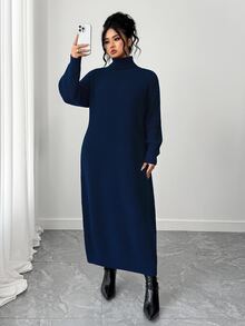 SHEIN Tall CURVE 大尺碼女款秋冬純色休閒百搭寬鬆修身高領拉鍊袖針織長洋裝，慵懶休閒風，可作內搭或外穿，適合通勤、日常穿著、外出、約會等多種場合 - 藏蓝色 - 查看 3