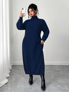 SHEIN Tall CURVE 大尺碼女款秋冬純色休閒百搭寬鬆修身高領拉鍊袖針織長洋裝，慵懶休閒風，可作內搭或外穿，適合通勤、日常穿著、外出、約會等多種場合 - 藏蓝色 - 查看 6
