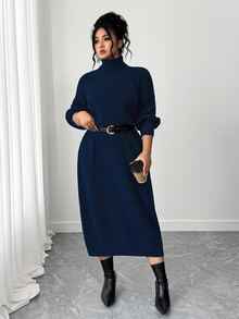 SHEIN Tall CURVE 大尺碼女款秋冬純色休閒百搭寬鬆修身高領拉鍊袖針織長洋裝，慵懶休閒風，可作內搭或外穿，適合通勤、日常穿著、外出、約會等多種場合 - 藏蓝色 - 查看 5
