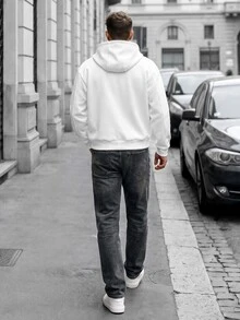 Manfinity CasualCool 男士不對稱斜拉鍊連帽夾克，翻領設計寬鬆短版運動衫 - 白色 - 查看 2