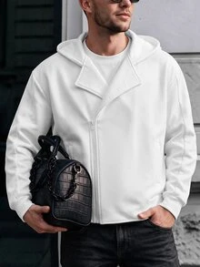 Manfinity CasualCool 男士不對稱斜拉鍊連帽夾克，翻領設計寬鬆短版運動衫 - 白色 - 查看 4