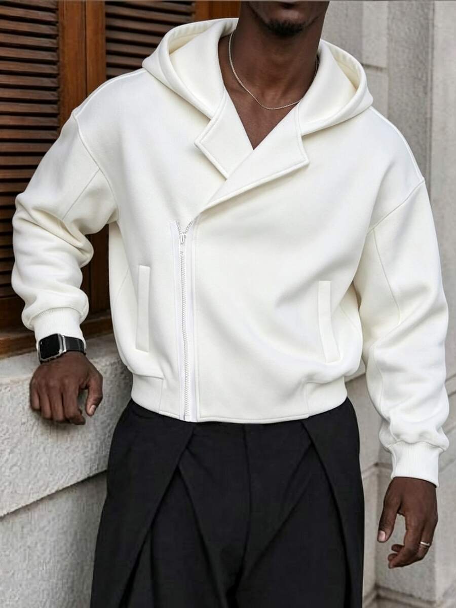 Manfinity CasualCool Men's Asymmetric Diagonal Zipper Hooded Jacket, Lapel Design Loose Short Sweatshirt - White - View 1