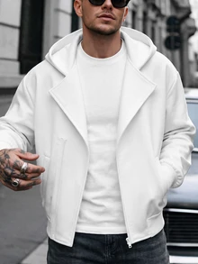 Manfinity CasualCool 男士不對稱斜拉鍊連帽夾克，翻領設計寬鬆短版運動衫 - 白色 - 查看 3