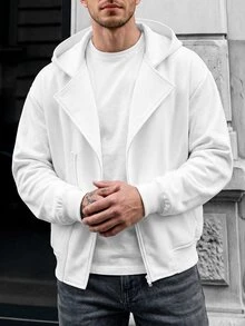 Manfinity CasualCool 男士不對稱斜拉鍊連帽夾克，翻領設計寬鬆短版運動衫 - 白色 - 查看 8