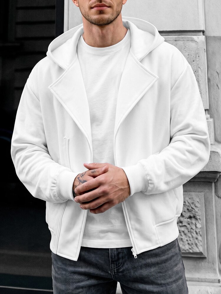 Manfinity CasualCool Men's Asymmetric Diagonal Zipper Hooded Jacket, Lapel Design Loose Short Sweatshirt - White - View 8