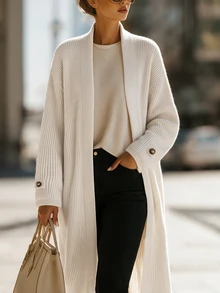 SHEIN Cardigan Rajut Lengan Panjang Kancing Serbaguna untuk Wanita, Cocok untuk Perjalanan dan Jalan-jalan - Krem - View 3
