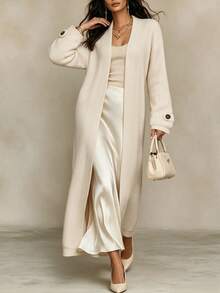 SHEIN Cardigan Rajut Lengan Panjang Kancing Serbaguna untuk Wanita, Cocok untuk Perjalanan dan Jalan-jalan - Krem - View 1