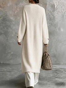 SHEIN Cardigan Rajut Lengan Panjang Kancing Serbaguna untuk Wanita, Cocok untuk Perjalanan dan Jalan-jalan - Krem - View 2