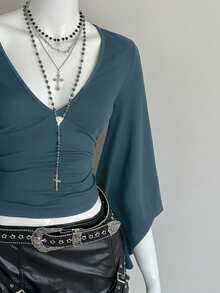 Bitrose Deep V-Neck Sexy Mid-Length Sleeve Solid Color Fitted Cropped T-Shirt - Teal Blue - View 6