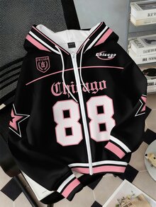 Divinelle 休閒寬鬆連帽復古黑粉配色拼色英文字母數字五角星印花開襟運動衫，適合外出、街頭穿搭、機場、海灘、派對、生日、度假、音樂節、嘉年華，時尚Y2K風格 - 彩色 - 查看 6