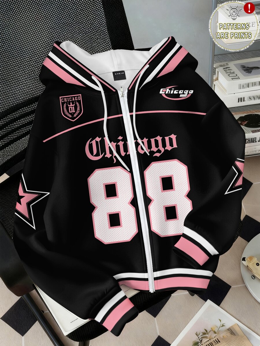 Divinelle 休閒寬鬆連帽復古黑粉配色拼色英文字母數字五角星印花開襟運動衫,適合外出、街頭穿搭、機場、海灘、派對、生日、度假、音樂節、嘉年華,時尚Y2K風格 - 彩色 - 查看 1