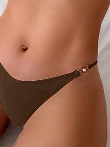 Swim Basics Ladies Fashionable Solid Spaghetti Strap Bra & Swim Bottom Two-Piece Bikini Set Bathing Suit, Summer Beach Vacation - Brown - View 4