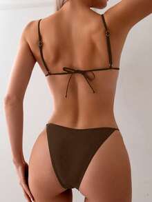 Swim Basics Ladies Fashionable Solid Spaghetti Strap Bra & Swim Bottom Two-Piece Bikini Set Bathing Suit, Summer Beach Vacation - Brown - View 2
