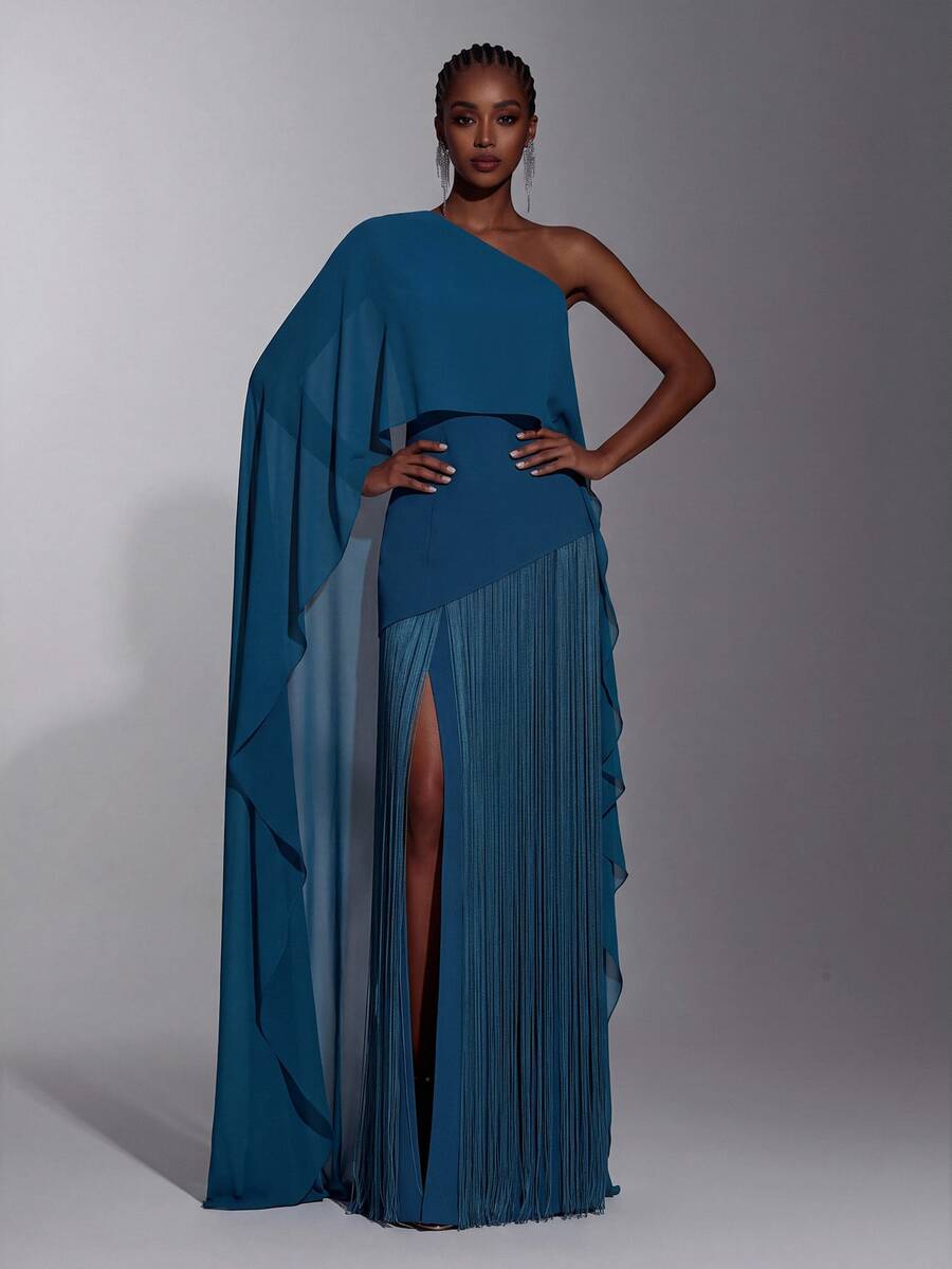 Elitara Elegant Teal Blue One Shoulder Cape Cloak Sleeve Asymmetric Fringe Tassel Hem A Line Floor Length Evening Gown Formal Wedding Guest Prom Party Dress - Blue - View 1