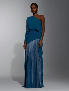 Elitara Elegant Teal Blue One Shoulder Cape Cloak Sleeve Asymmetric Fringe Tassel Hem A Line Floor Length Evening Gown Formal Wedding Guest Prom Party Dress - Blue - View 4