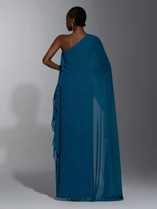 Elitara Elegant Teal Blue One Shoulder Cape Cloak Sleeve Asymmetric Fringe Tassel Hem A Line Floor Length Evening Gown Formal Wedding Guest Prom Party Dress - Blue - View 2