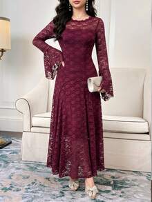 Feyla New French Design Asymmetrical Cuff Waist-Cinching Elegant Long Dress For Party - Burgundy - View 5