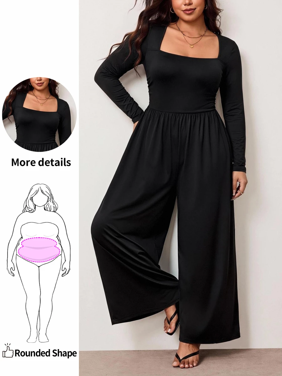 Enliva Jumpsuit Hitam Seksi Ukuran Plus, Lengan Panjang Berpinggang Tinggi, Kasual dan Melangsingkan, Bentuk Tubuh Bulat, Cocok untuk Musim Gugur - Hitam - View 1