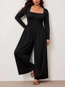 Enliva Jumpsuit Hitam Seksi Ukuran Plus, Lengan Panjang Berpinggang Tinggi, Kasual dan Melangsingkan, Bentuk Tubuh Bulat, Cocok untuk Musim Gugur - Hitam - View 4