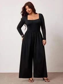 Enliva Jumpsuit Hitam Seksi Ukuran Plus, Lengan Panjang Berpinggang Tinggi, Kasual dan Melangsingkan, Bentuk Tubuh Bulat, Cocok untuk Musim Gugur - Hitam - View 5
