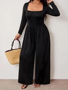 Enliva Jumpsuit Hitam Seksi Ukuran Plus, Lengan Panjang Berpinggang Tinggi, Kasual dan Melangsingkan, Bentuk Tubuh Bulat, Cocok untuk Musim Gugur - Hitam - View 3