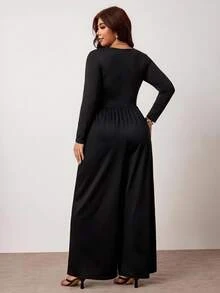 Enliva Jumpsuit Hitam Seksi Ukuran Plus, Lengan Panjang Berpinggang Tinggi, Kasual dan Melangsingkan, Bentuk Tubuh Bulat, Cocok untuk Musim Gugur - Hitam - View 2