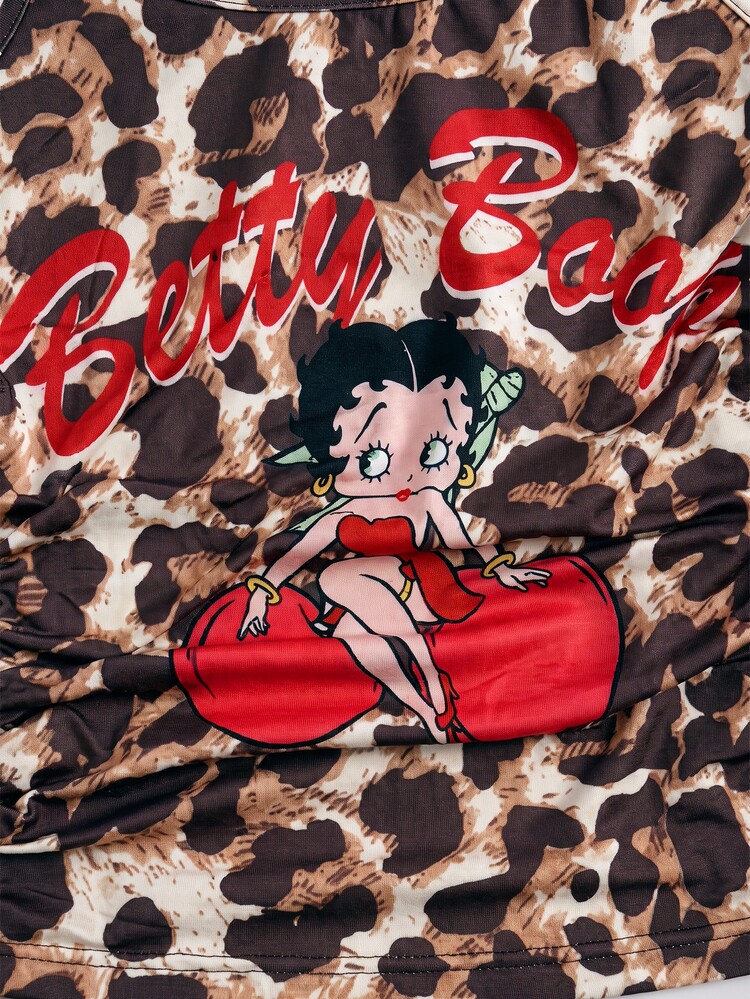 Betty Boop x SHEIN Set Piyama Wanita Atasan Crop Top Camisole Motif Leopard dan Celana Pendek, 2 Potong Pakaian Musim Gugur - MultiWarna - View 5