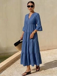 SHEIN LUNE 休閒波希米亞風女款純深藍色V領七分袖長洋裝，四季百搭，適合早午餐與度假 - 藏蓝色 - 查看 5