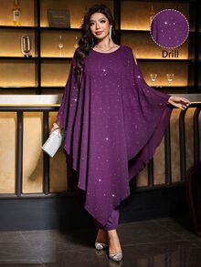 Reflora 大尺碼女款純色水鑽裝飾圓領蝙蝠袖優雅正式禮服，適合婚禮、晚宴、正式場合，深紫色夏季款 - 紫色 - 查看 8