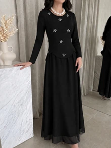 Graceveil Heavy Beaded & Rhinestone Embellished 2 In 1 Chiffon Full Skirt, Conservative Long Dress For Arab Women - Black - View 2