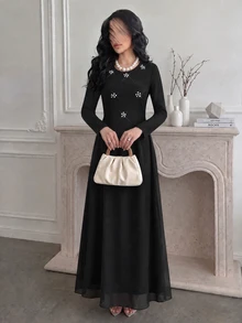 Graceveil Heavy Beaded & Rhinestone Embellished 2 In 1 Chiffon Full Skirt, Conservative Long Dress For Arab Women - Black - View 4
