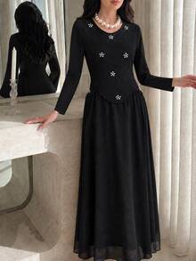 Graceveil Heavy Beaded & Rhinestone Embellished 2 In 1 Chiffon Full Skirt, Conservative Long Dress For Arab Women - Black - View 5