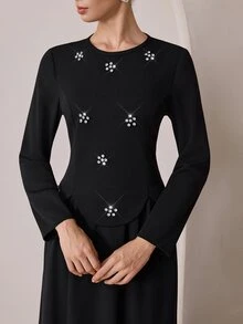 Graceveil Heavy Beaded & Rhinestone Embellished 2 In 1 Chiffon Full Skirt, Conservative Long Dress For Arab Women - Black - View 8