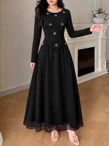 Graceveil Heavy Beaded & Rhinestone Embellished 2 In 1 Chiffon Full Skirt, Conservative Long Dress For Arab Women - Black - View 6