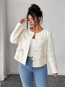 Elenzga Plus Size Women's Plaid Bow Decor Casual Elegant Business Casual Versatile Daily Long Sleeve Jacket Autumn Office Formal White - White - View 6