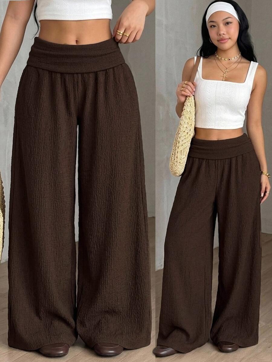 SHEIN Teen Girl Teen Girls Brown Ruched Crepe Knit Jacquard Long Pants, Autumn/Winter New Style Formal Work Baggy Cute - Brown - View 1