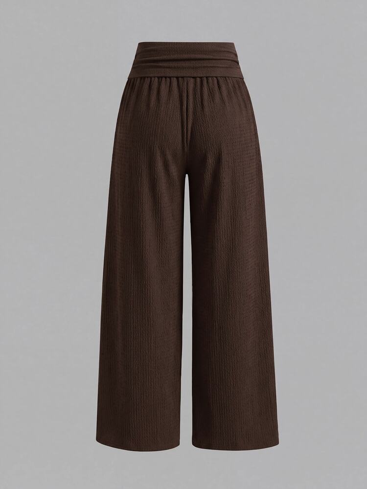 SHEIN Teen Girl Teen Girls Brown Ruched Crepe Knit Jacquard Long Pants, Autumn/Winter New Style Formal Work Baggy Cute - Brown - View 5