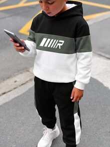 Kids Tween Boy Casual Minimalist Long Sleeve Hooded Comfortable Sweatshirt 2 Pieces Set Suitable For Autumn/Winter - Multicolor - View 5