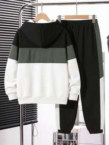 Kids Tween Boy Casual Minimalist Long Sleeve Hooded Comfortable Sweatshirt 2 Pieces Set Suitable For Autumn/Winter - Multicolor - View 2