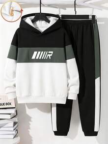 Kids Tween Boy Casual Minimalist Long Sleeve Hooded Comfortable Sweatshirt 2 Pieces Set Suitable For Autumn/Winter - Multicolor - View 6