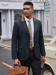 Manfinity Mode Men's Solid Color Simple Daily Suit Set - Black - View 5