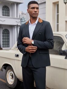 Manfinity Mode Men's Solid Color Simple Daily Suit Set - Black - View 1