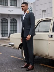 Manfinity Mode Men's Solid Color Simple Daily Suit Set - Black - View 4