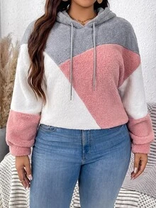 SHEIN LUNE 大尺碼休閒寬鬆傳統配色拼接連帽衛衣，秋冬正式居家穿著白色度假風 - 彩色 - 查看 5
