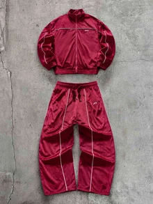 AXEPEAK Men's Colorblock Long Sleeve Jacket And Pants Casual Daily Outfit - Burgundy - View 4